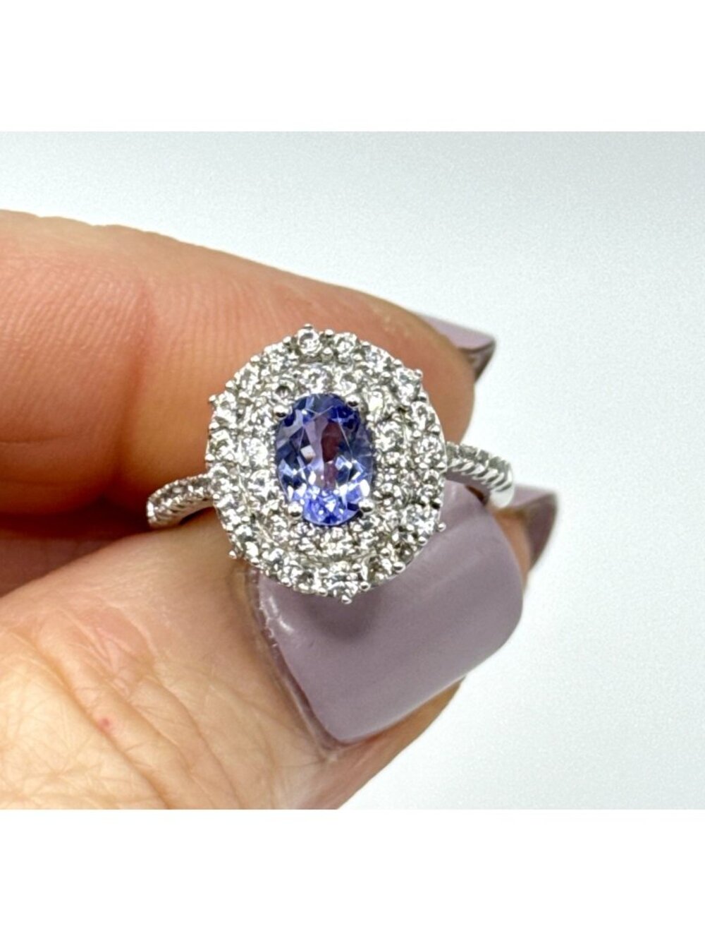Sterling Silver Ring Tanzanite and White Zircon Oval Frame Double Halo Sz 7.5
